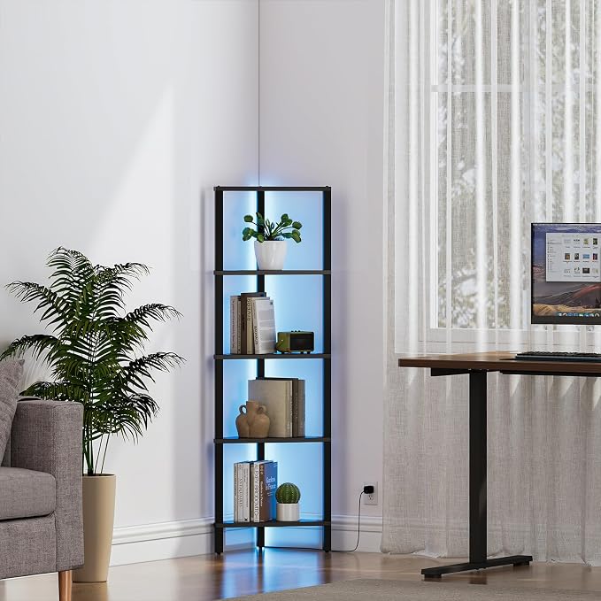 TUTOTAK Corner Shelf with LED Light, 5-Tier Corner Bookshelf | for Small Space, Narrow Display Corner Shelf Stand with Storage Rack, for Living Room, Bedroom, Black BS05BK005L
