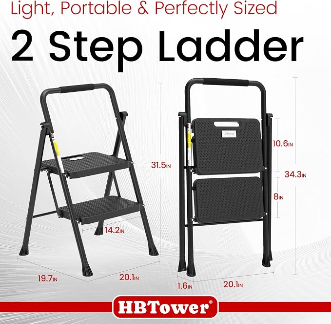 HBTower Step Ladder, Folding Step Stool with Wide Anti-Slip Pedal | Sturdy Steel Ladder, Convenient Handrail, Lightweight, Portable Steel Step Stool