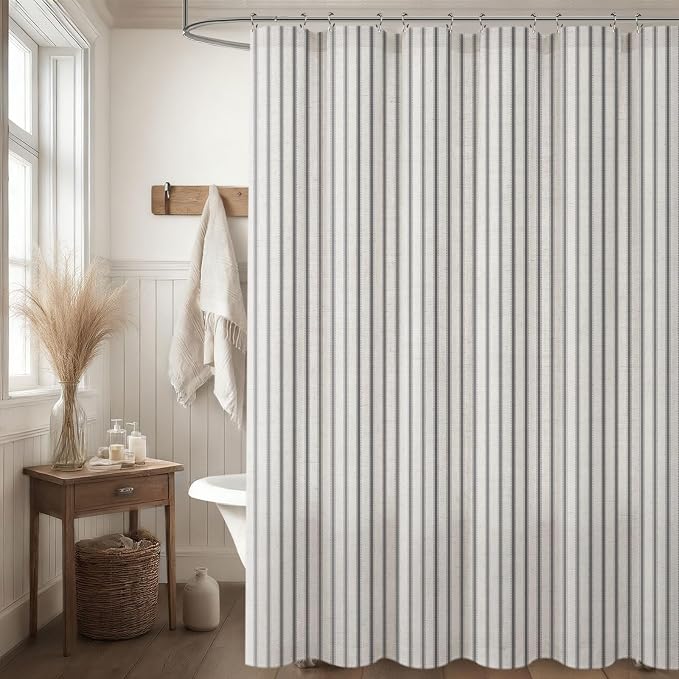 Farmhouse Striped Shower Curtain Grey Vintage Linen Curtain 72"W X 84"L | Extra Long Striped Shower Curtains with Linen Texture for Bathroom Decor