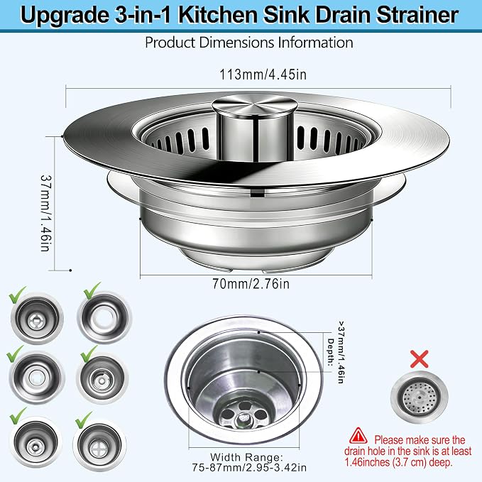 Kitchen Sink Drain Strainer for 3-1/2 Inch Drain Hole, 3-in-1 304 Stainless Steel Pop-Up Sink Strainer and Stopper with Anti-Clog Filter Basket & Food Catcher (Silver, 1 Pack)