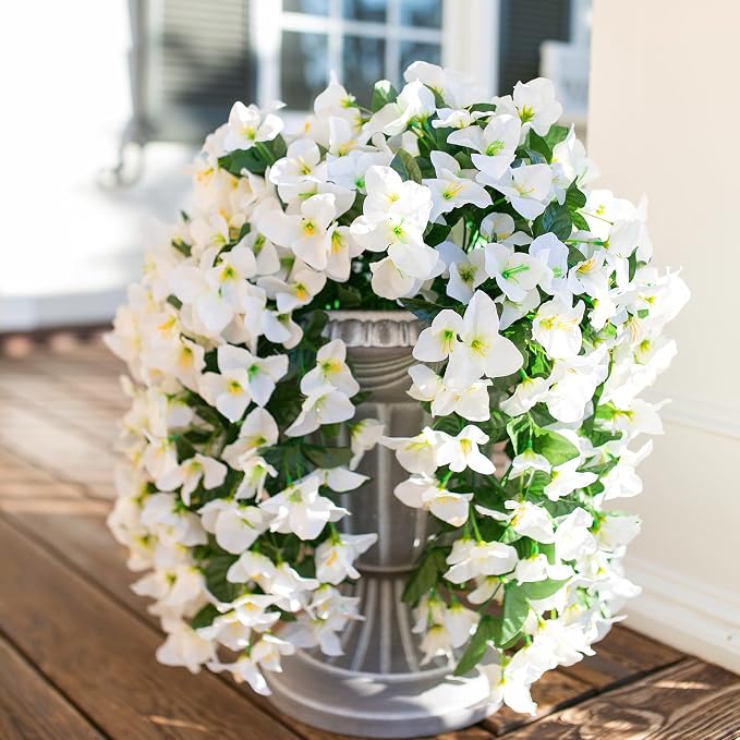 Faux Bougainvillea Artificial Flowers for Outdoors Fake Plants Outside Decoration, 2 PCS White Faux Flowers UV Resistant Look Real Silk Long Trailing Vines for Front Door Porch Planter Patio Garden