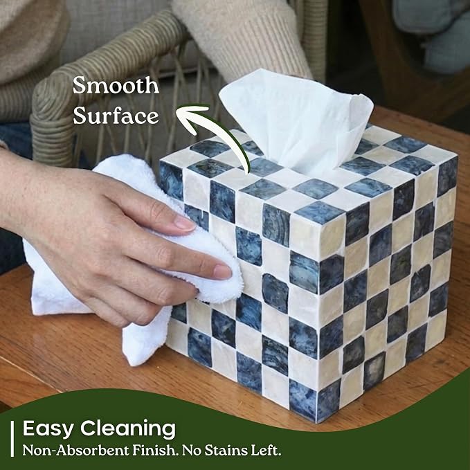 5.5" Capiz Square Tissue Box Cover, Cube Tissue Holder, Navy | Bottom Slider, Checkered Pattern, Navy Blue Tissue Box Cover For Kleenex, Decorative Tissue Box Cover, Bathroom Accessories