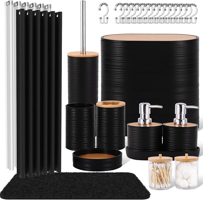 25 PCS Black Bathroom Accessories Set丨Shower Curtain Bathroom Accessory | All-in-One Kit with Shower Curtain,rug,Trash Can,Toothbrush Holder,Toilet BrushSoap Dispenser,Toothbrush Cup,etc for Home