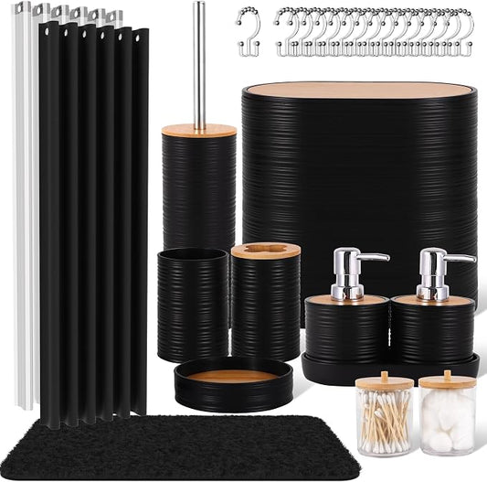 25 PCS Black Bathroom Accessories Set丨Shower Curtain Bathroom Accessory | All-in-One Kit with Shower Curtain,rug,Trash Can,Toothbrush Holder,Toilet BrushSoap Dispenser,Toothbrush Cup,etc for Home