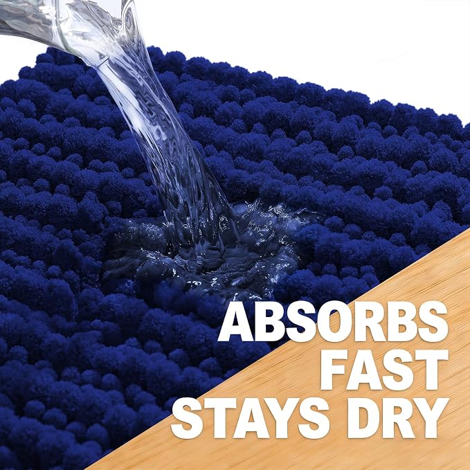 OLANLY Small Bathroom Rugs 24x16, Thick Soft Absorbent Chenille Bath Rugs | Navy Blue, Shaggy Bath Mat with Quick-Drying Rubber Backing, Washable for Floor, Tub and Shower, Home Decor Accessories