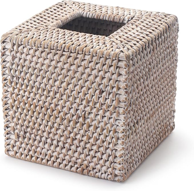 Rattan Tissue Box Cover Square, Hand Woven Wicker Tissue Holder, 5.5 x 5.5 X 5.7 inch, Whitewash
