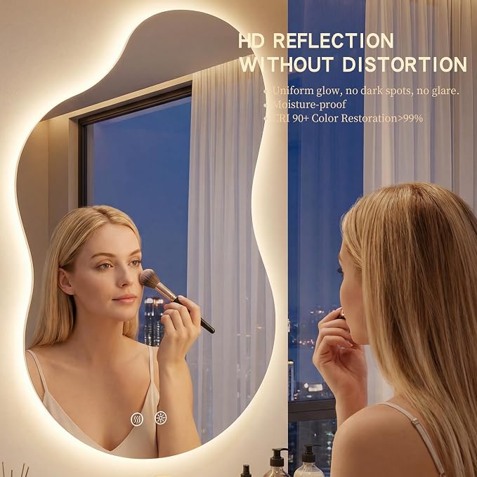 40''x24'' Lighted Mirrors for Bathroom Wall Backlit, Cloud LED Bathroom Mirror Frameless with Lights Anti Fog, Dimmable, 3 Colors,Tempered Glass, Shatter-Proof