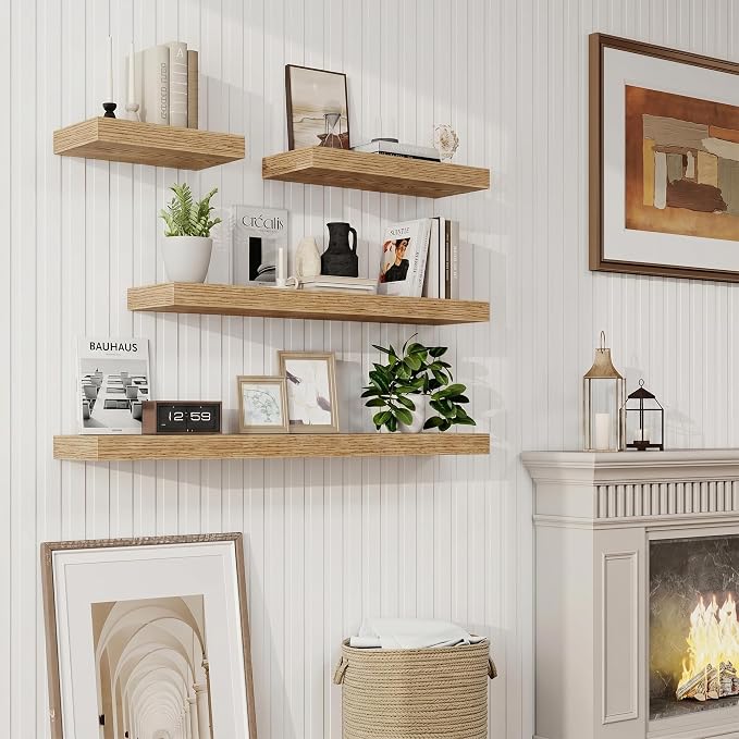 9.25in Depth 24in Floating Shelves, 24x9.25x1.4, Light Brown, Set of 2 | Wall Mounted Engineered Wood Shelves, Invisible Brackets for Living Room, Bedroom, Bathroom, Kitchen Decor and Storage
