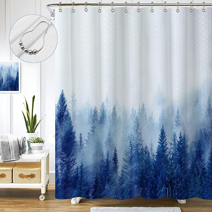ORTIGIA Blue Misty Forest Shower Curtain Set,Nature Mountain Shower Curtain with Hooks,Fantasy Fog Tree Bath Curtain for Bathroom,Waterproof Polyester Fabric-70 Wx72 L