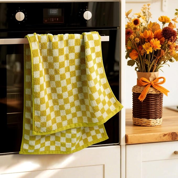 Jacquotha 4 Pcs Hand Towels for Bathroom Checkered, Yellow | Cotton Soft Absorbent Cute Checkered Bathroom Towel, Fall Decor, 13 x 29 Inches