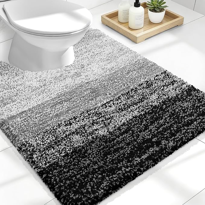 OLANLY Luxury Toilet Rugs U-Shaped 24x20, Soft Absorbent Microfiber Mat | Black, Non-Slip Quick-Drying Rubber Backing, Machine Washable Plush Contour Bath Mat for Toilet Base, Home Decor Accessories
