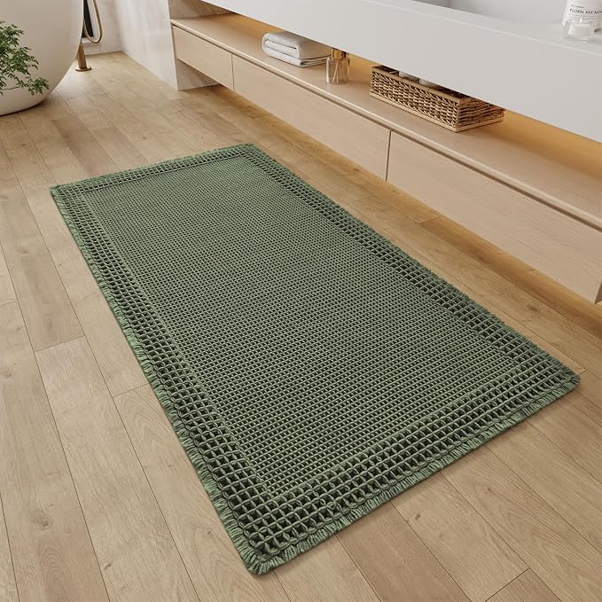 RESARE Waffle Bathroom Runner Rugs, Non Slip Boho Bath Mat 24"x48" Green | Long Absorbent Bathroom Floor Mats Machine Washable Quick Dry, Soft Solid 2'x4' Bath Rugs with Tassels, Ideal Farmhouse Decor