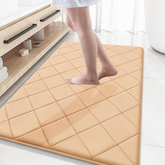 OLANLY Memory Foam Bath Mat 59x34, Ultra Soft and Absorbent Bathroom Rugs | Beige, Quick Dry, Machine Washable Shower Bath Rugs, Comfortable Bath Carpet for Bathroom Floor, Tub and Shower