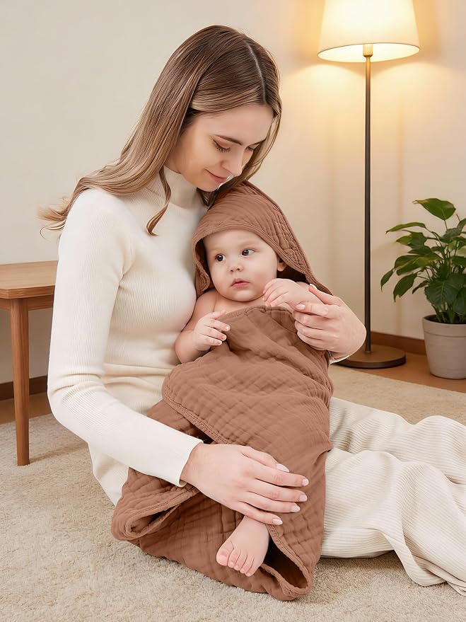 Muslin Hooded Baby Bath Towels - 3 Pack 100% Cotton Ultra-Soft Towels for Newborns, Infants, Toddlers - 32x32 Inch - Highly Absorbent, Quick-Dry Essentials for Bath, Beach, Pool, Bean Paste Series