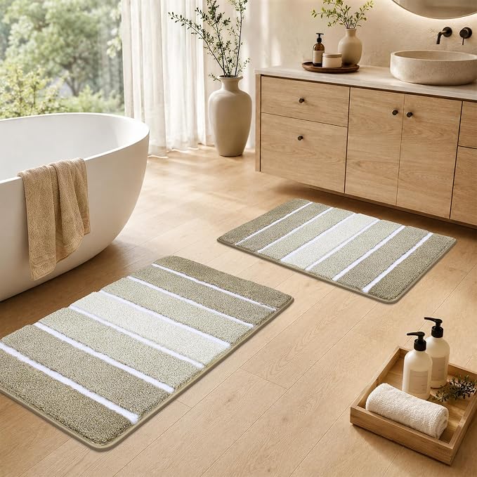 COSY HOMEER Toilet Rugs U-Shaped 24"x20", Ultra Soft Absorbent Bath Mat | Non-Slip TPR Backing, Machine Washable Shaggy Rug for Toilet,Beige & White