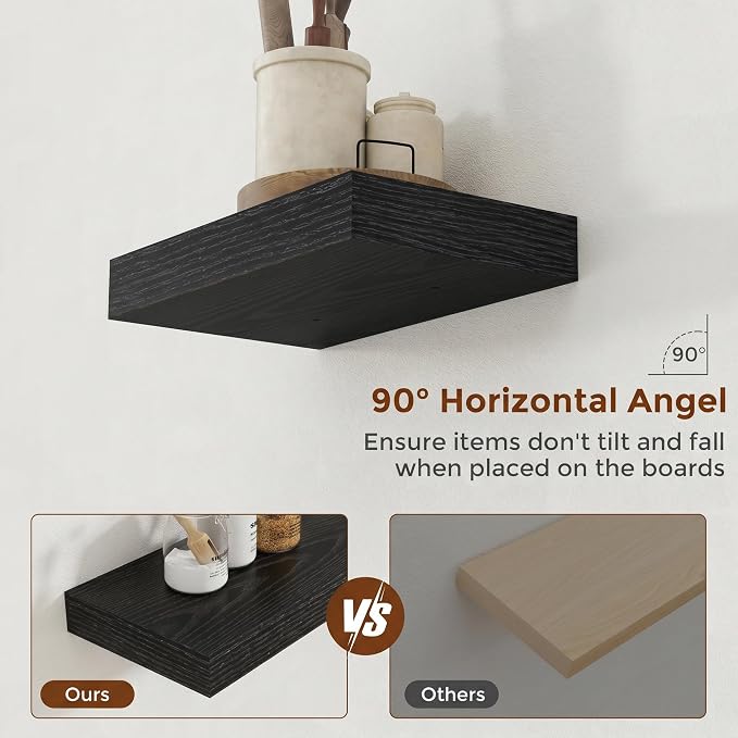 Heimlove 12 Inch Floating Shelves for Wall Black Shelves Set of 2,Wall Mounted Rustic Wood 8 Inch Deep Floating Shelf with Invisible Brackets for Bedroom Kitchen Living Room