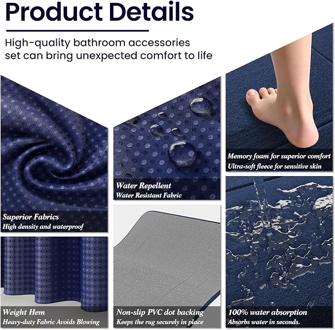 Bathroom Set - 25PC Bathroom Sets with Shower Curtain and Rugs, Blue Bathroom Set, Bathroom Accessory Set, Luxury Bathroom Accessories Set, Trash Can, Toilet Brush, Soap Dish & Soap Dispenser
