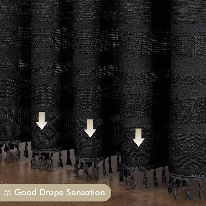 Black Shower Curtain 78 Inch Long, Boho Farmhouse Thick Linen Textured Fabric Shower Curtain with Tassel, Minimalist Striped Weighted Machine Washable Bathroom Decor, 72Wx78L Inches