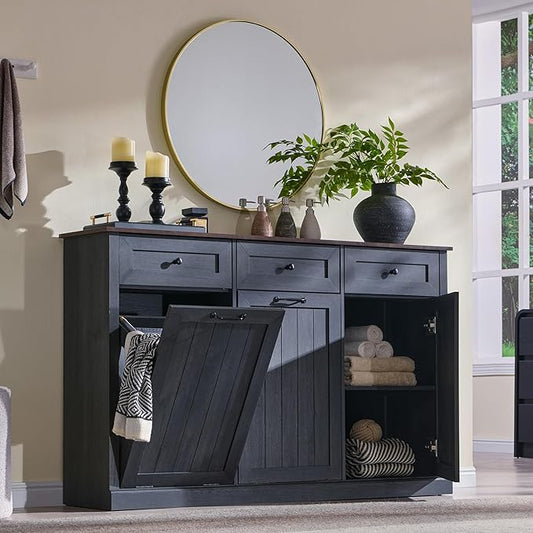 IFBUY Triple Tilt Out Laundry Hamper Cabinet, Trash Cabinet, Dark Grey | 20 Gallon Farmhouse Trash Can Cabinet w/Drawers & Adjustable Shelf, Hidden Garbage Can Cabinets w/Laundry Basket for Bathroom