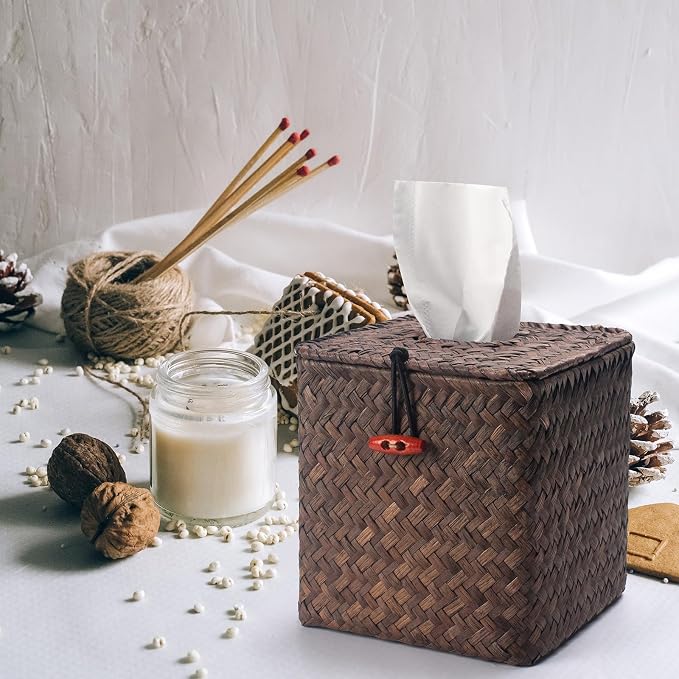 Seagrass Square Tissue Box Cover Woven Napkin Holder Decorative for Bathroom Farmhouse (Coffee, 5.5 x 5.5 x 5.5 Inch)
