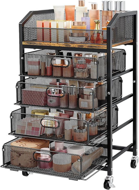 SUNALLY Rolling Makeup Cart with Drawers, Rolling Vanity Nail Cart, Black | 5-Tier Metal Floor Beauty Vanity Organizer, Makeup Storage Cart for Skincare, Cosmetic, Nail Polish Supply, Kitchen, Bathroom