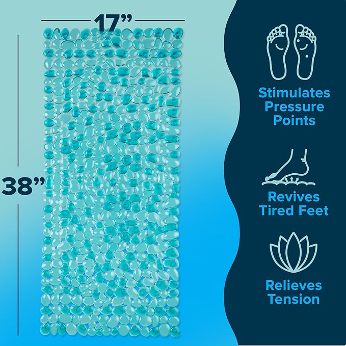 SlipX Solutions 38"x17" Pebble Non Slip Mat for Bath & Shower, Aqua | Foot Massaging Accupressure Bathtub Mat, River Rock Look, 188 Suction Cups, Machine Washable