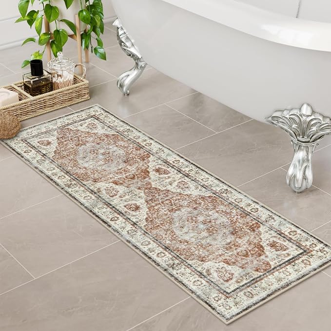 Uphome Orange Bathroom Rugs, Distressed Farmhouse Boho Bath Mat, Non Slip Washable Soft Velvet Bath Mats for Bathroom Floor, Vintage Traditonal Bath Runner for Bathtub Sink Shower, 18x47 inch