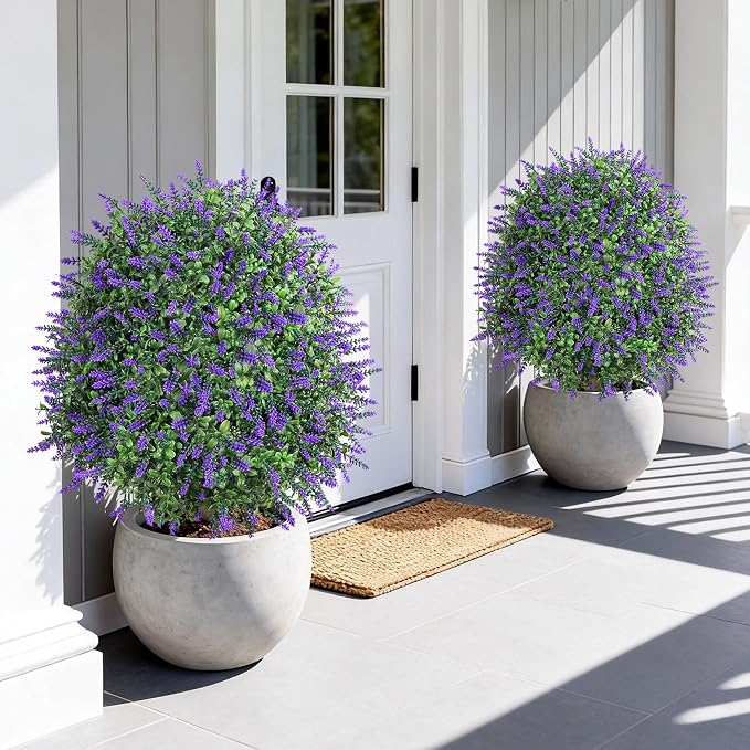 26'' Artificial Boxwood Topiary Trees with Lavender 2 Pack Fake Plants for Outdoor Indoor Artificial Shrubs with Metal Ground Spike UV Resistant Fake Bushes for Front Porch Garden, White