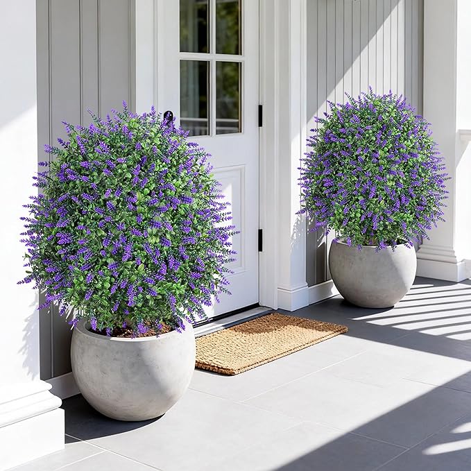 26'' Artificial Boxwood Topiary Trees with Lavender 2 Pack Fake Plants for Outdoor Indoor Artificial Shrubs with Metal Ground Spike UV Resistant Fake Bushes for Front Porch Garden, Purple