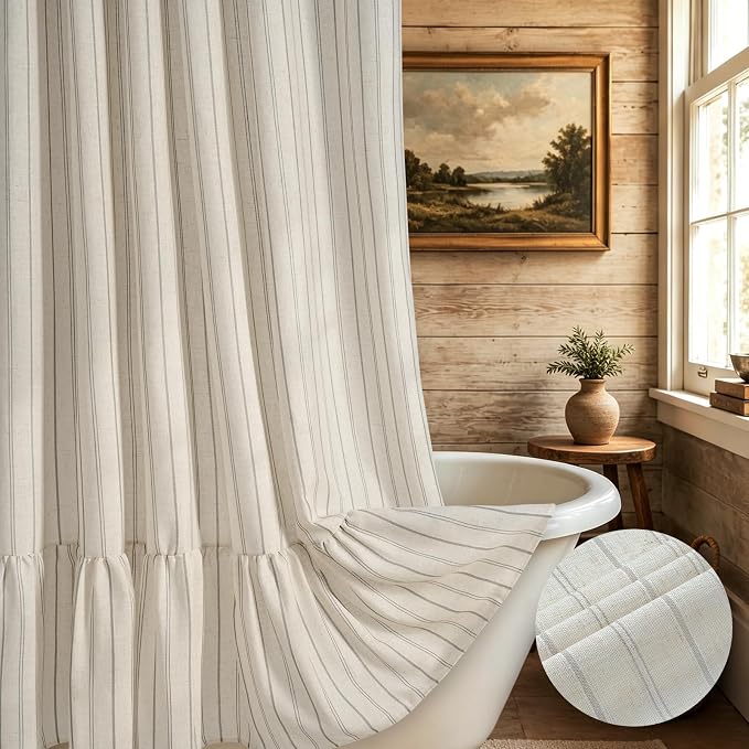 Yinhua Farmhouse Shower Curtain with Ruffle, Grey Striped Linen Shower Curtains Set with 12 Metal Hooks for Bathroom, Country Rustic Vintage Bath Curtain Waterproof Heavy Duty, 72" W x 72" L