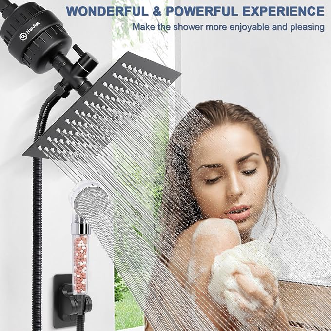 Filter Shower Head, High Pressure 8 Inch Rainfull with Filter Combo for Hard Water, Remove Chlorine Fluoride and Harmful Substances- 1 Replaceable Filter Cartridge (Square, Matte Black)