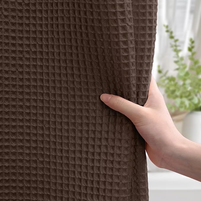 Extra Long Waffle Shower Curtain Heavyweight Cotton Fabric Brown 72Wx90L | Soft Cotton Cloth,3D Square Truely Waffle,Washable, Hotel Luxury Spa, Shower Curtains for Narrow Bathroom 12 Plastic Hooks