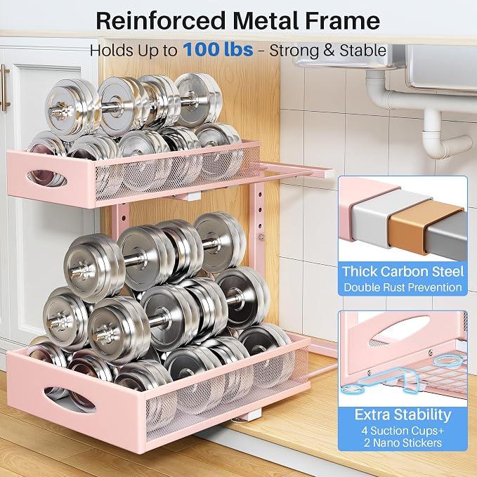 Under Sink Organizer, 2 Pack 2 Tier Pull Out Under Cabinet Organizer Shelf with Pad for Framed Cabinets, Metal Slide Out Under Sink Storage, Mesh Sliding Drawers for Kitchen Bathroom Laundry, Pink