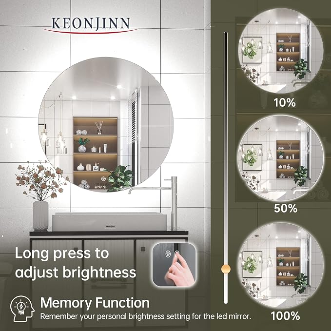 Keonjinn 28 Inch Round LED Mirror, Backlit Mirror Bathroom, 3 Color Lights | Explosion Proof Tempered Glass, Auto-OFF Defogging, Dimmable, Hardwired/Plug in, Circle Makeup Vanity Mirror with Lights