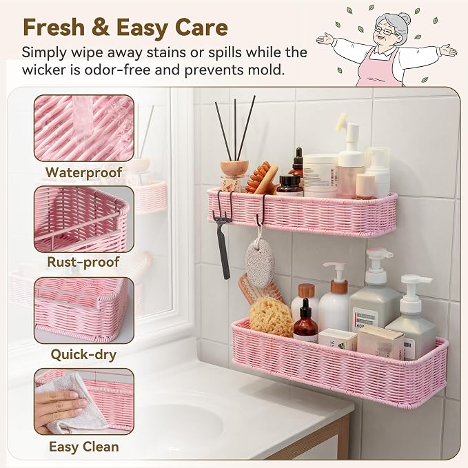 GRANNY SAYS Shower Caddy Hanging, Pink Shower Shelves for Inside Showers | Wicker Adhesive Shelves for Bathroom Organizers and Storage, Bathroom Shelves Wall Mounted with 4 Hooks for Decor, 2 Pack