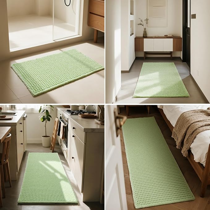 Triohero Waffle Bath Mat, Boho Bathroom Rugs Non Slip Washable, Ultra Soft Super Absorbent Quick Dry Farmhouse Bathroom Decor, 24" x 48", Pale Green