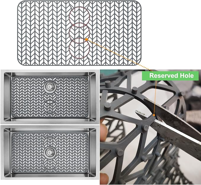 AWOKE Sink Protectors for Kitchen Sink - 19"x 13" Sink Mat - Heat resistant Easy-clean Silicone Sink Mat - for Protection of Stainless Steel Sink - with 3 Reserved Holes (Grey)