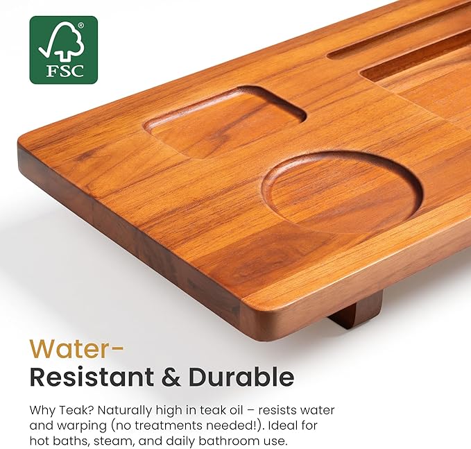 39 Inch Teak Bathtub Tray for Freestanding Tubs, Luxury Bath Caddy | Heavy-Duty Non-Slip Zero-Wobble Design, Water-Resistant Spa Organizer with Wine Glass & Phone Holder