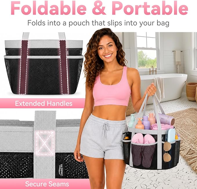 Double Handles Mesh Shower Caddy Portable for College Dorm Essentials, 8 Pockets Large Capacity Shower Organizer for Girls, Quick-Dry Hanging Toiletry Bag for Bathroom Travel, Black&Grey
