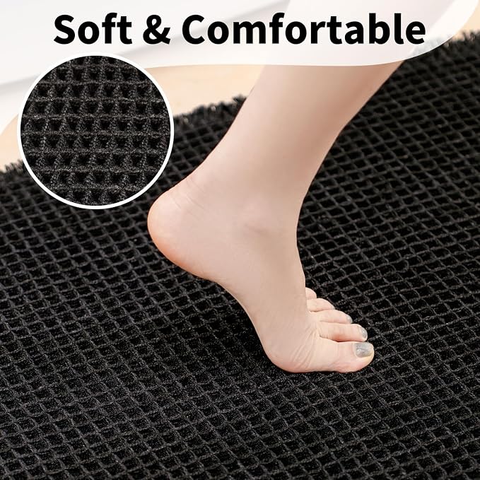 Black Bathroom Rug, Waffle Bath Mat Non Slip Washable, 24" x 36" | Super Absorbent Quick Dry Bath Mat, Boho Bathroom Mats, Soft Waffle Weave Farmhouse Bathroom Decor for Shower or Tub