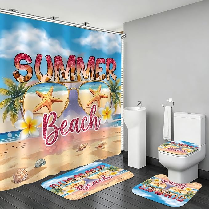 LQCOOL Beach Scene Shower Curtain Set 4Pcs Summery Bathroom Sets with Rugs Waterproof Shower Curtain with 12 Hooks for Bathroom Decor | Waterproof Polyester & Soft Flannel.12 Hooks,Toilet Lid Cover & U-Shaped Mat with Beach Scene for Bathroom