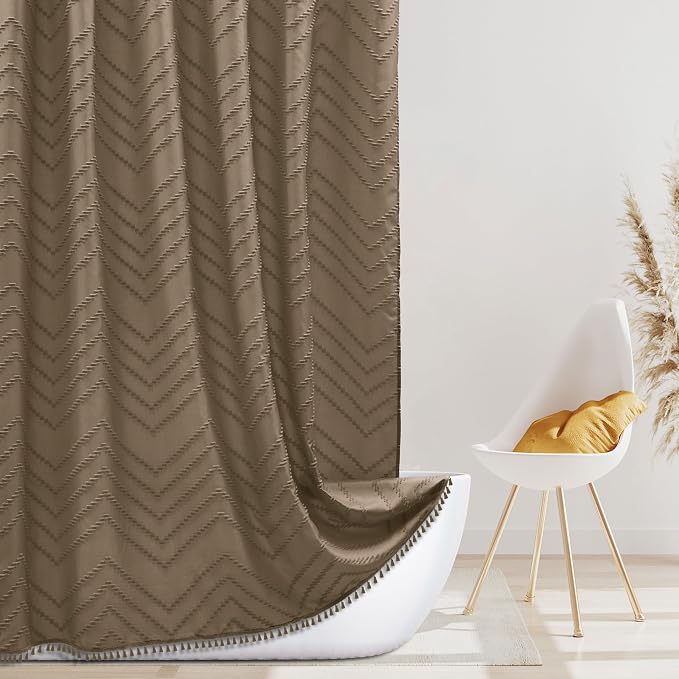 Siiluminisoy Extra Long Boho Shower Curtain, Woven Fabric 84 in Khaki, 72 x 84, Tufted Chevron Striped Modern Chic Textured Minimalist Bathroom Shower Curtain