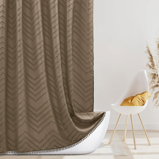 Siiluminisoy Extra Long Boho Shower Curtain, Woven Fabric 84 in Khaki, 72 x 84, Tufted Chevron Striped Modern Chic Textured Minimalist Bathroom Shower Curtain