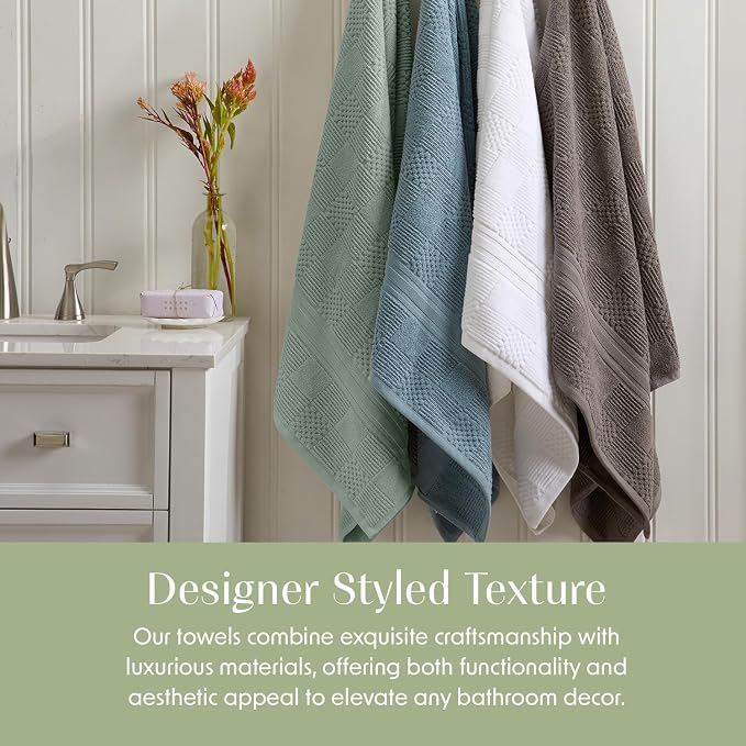 100% Cotton Bath Towel Set | 6-Piece Set | Textured | Green | Luxury Geometric Design | Absorbent & Quick-Dry Bathroom Towels | Textured and Durable Cotton Towels for Bathroom | OEKO-TEX
