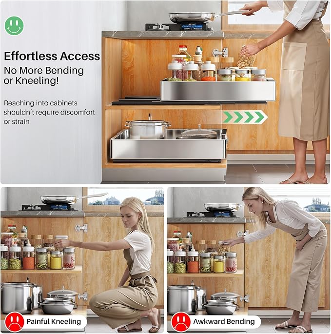 Pull out Cabinet Organizer, Stainless Steel Expandable(12"-20") Heavy Duty Slide out Drawers Fixed with Adhesive Nano Film for Pots, Roll out Shelf Storage for Kitchen Base(Silver-2pcs)(3 Rails)