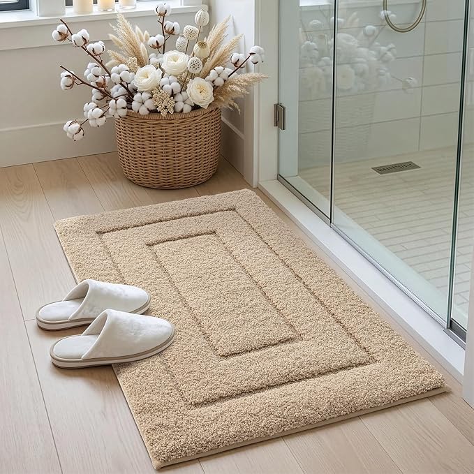 DEXI Bathroom Rugs 24x16, Non-Slip and Absorbent Bath Mat, Beige | Machine Washable, Soft Plush Microfiber Bathmat with Rubber Back, Quick Dry Small Rug for Shower, Tub, Sink