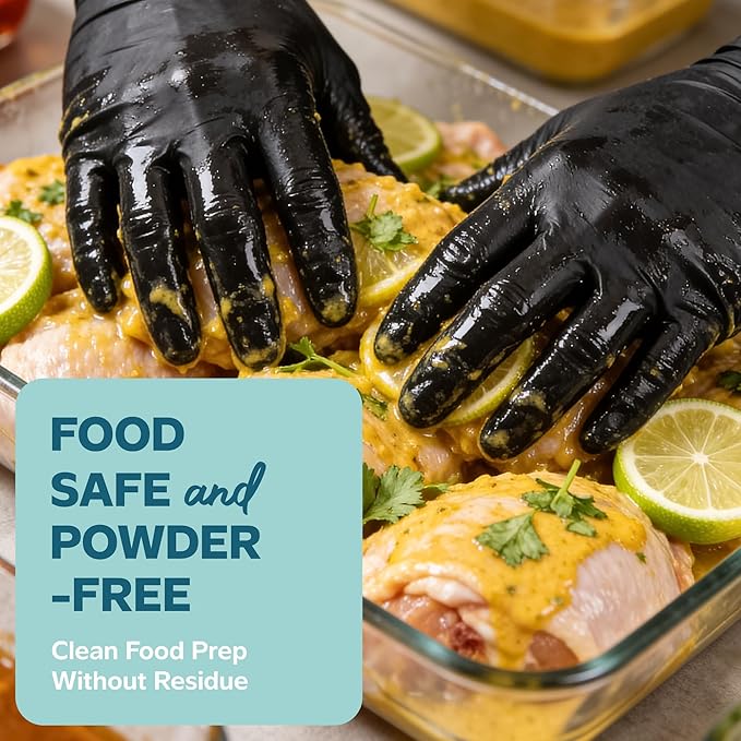 GUSTO Black Nitrile Gloves - Disposable Heavy Duty 6 Mil | Latex-Free, Powder-Free, Textured Fingertips, Food Safe, Flexible Fit, Cooking, Cleaning, Mechanics & Salon