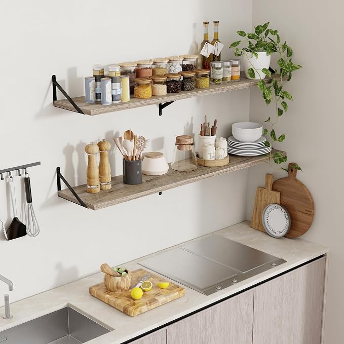 12 Inch Deep Floating Shelves for Wall - 55 Inch Wide x 12 Inch Deep Wall Shelves Set of 2 - Rustic Grey Wood Floating Shelves for Living Room
