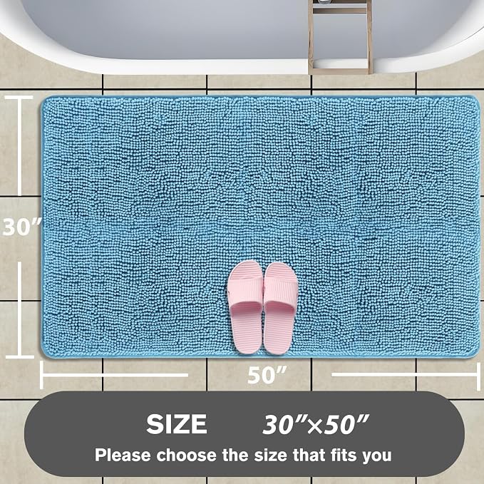 Bathroom Rugs 30 x 50 Inch – Extra Large Bath Mat | Absorbent and Washable Thick Chenille Bath Rugs Non-Slip Runner Rug for Bathroom, Shower, Tub(Sky Blue)