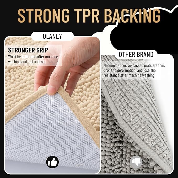 OLANLY Thick Large Bathroom Rugs 44x32, Soft Chenille Bath Rugs, Beige | Absorbent Striped, Rubber Backing, Machine Wash Dry, Bath Mats for Bathroom Floor, Tub and Shower, Home Decor Accessories